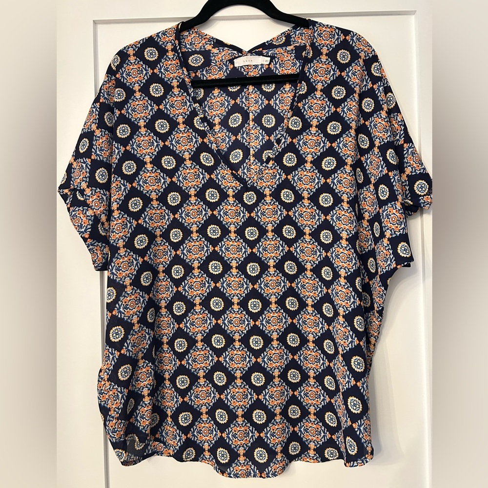 Lush Navy and Orange Patterned Blouse